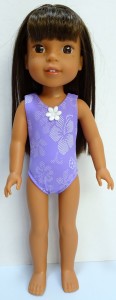 one piece swimsuit purple pattern Wellie Wishers Doll